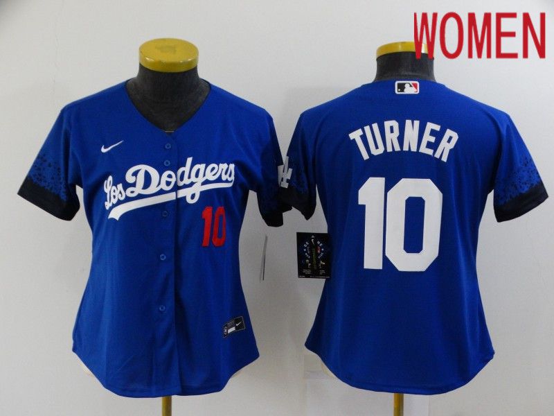 Cheap Women Los Angeles Dodgers 10 Turner Blue City Edition Nike 2021 MLB Jersey